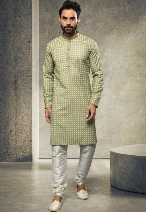 Printed Art Silk Kurta Set in Dusty Green