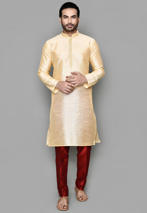 Printed Art Silk Kurta Set in Light Beige