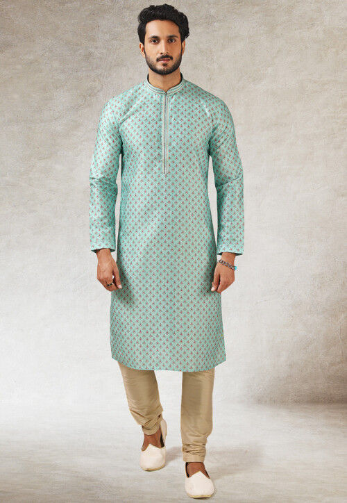 Printed Art Silk Kurta Set in Light Blue