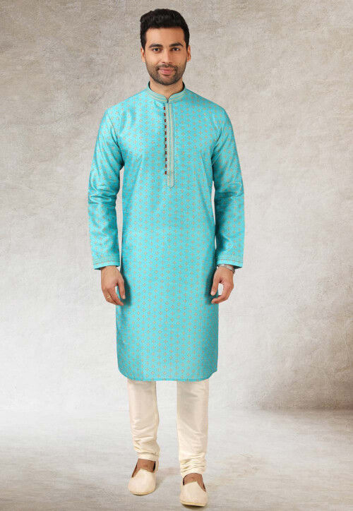 Printed Art Silk Kurta Set in Light Blue