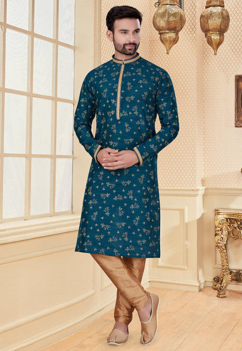 Printed Art Silk Kurta Set in Teal Blue