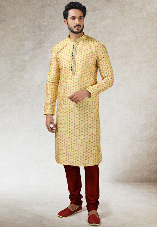 Printed Art Silk Kurta Set in Yellow