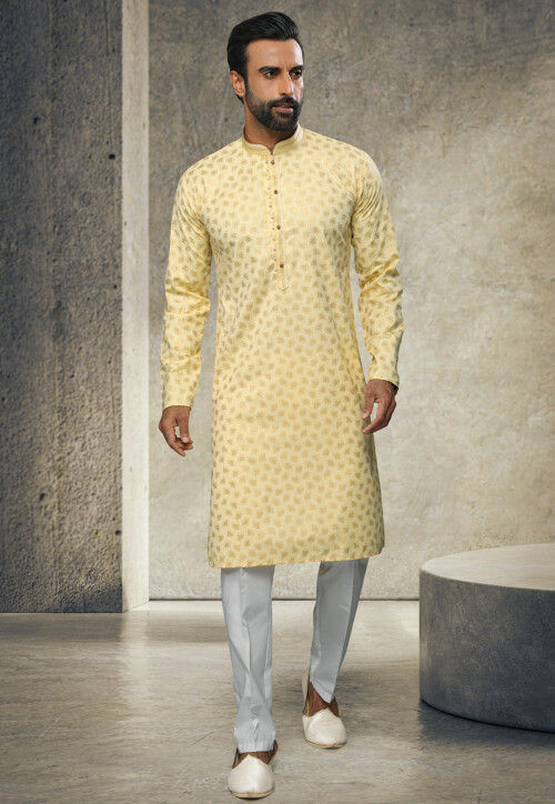 Printed Art Silk Kurta Set in Yellow