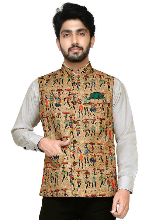 Printed Art Silk Nehru Jacket in Beige