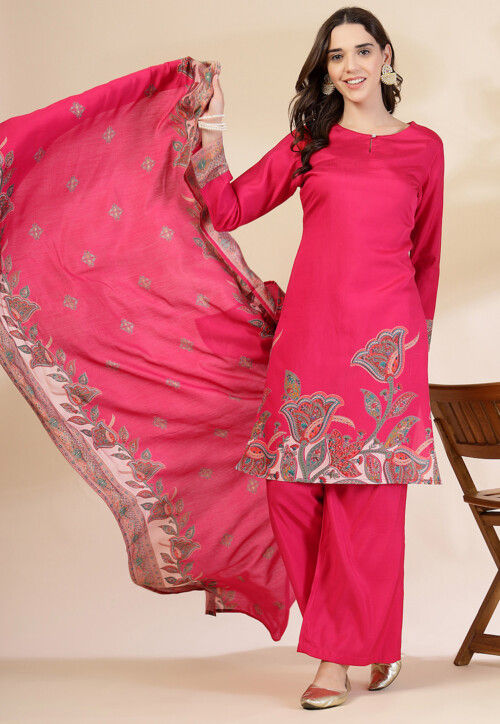 Printed Art Silk Pakistani Suit in Fuchsia