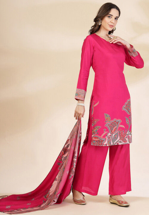 Printed Art Silk Pakistani Suit in Fuchsia