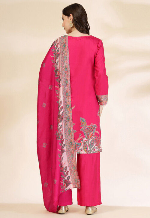 Printed Art Silk Pakistani Suit in Fuchsia