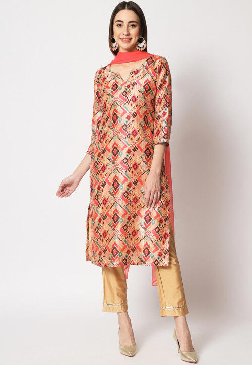 Printed Art Silk Pakistani Suit in Multicolor
