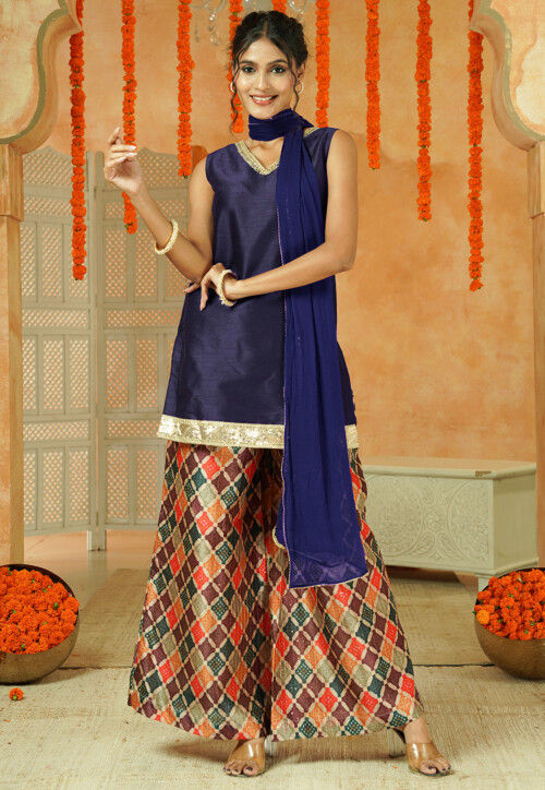 Printed Art Silk Pakistani Suit in Navy Blue