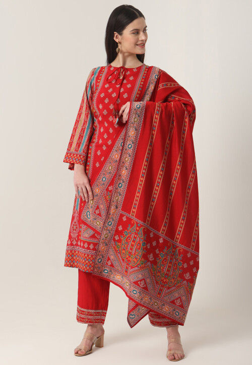 Printed Art Silk Pakistani Suit in Red