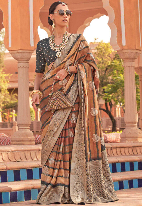 Buy Gold Colored Open Saree With Silver Foil Fabric And Net Blouse