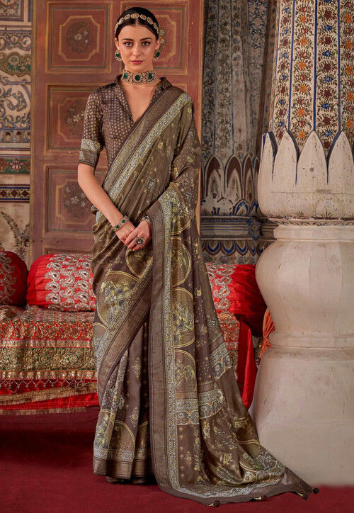 Printed Art Silk Saree in Brown