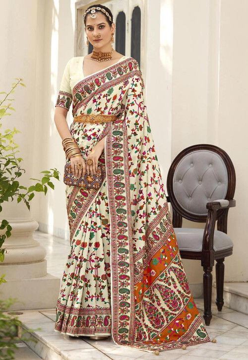 Printed Art Silk Saree in Cream