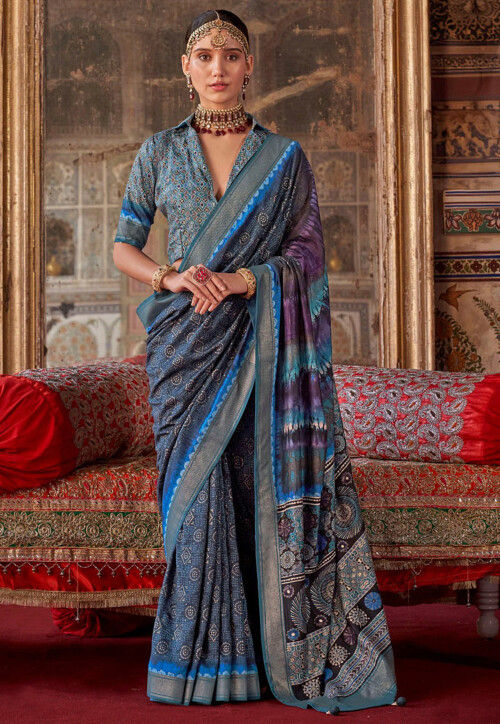 Printed Art Silk Saree in Dark Blue