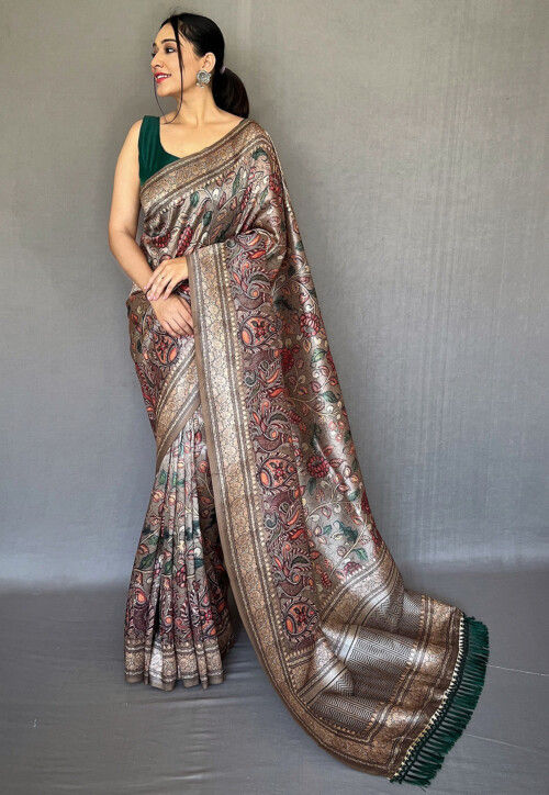 Printed Art Silk Saree in Fawn