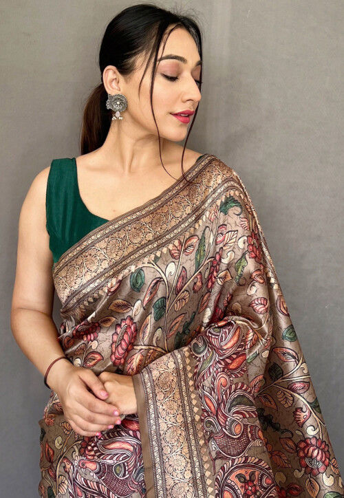Printed Art Silk Saree in Fawn