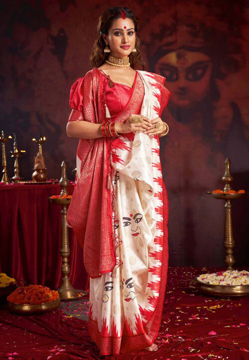 Printed Art Silk Saree in Off White