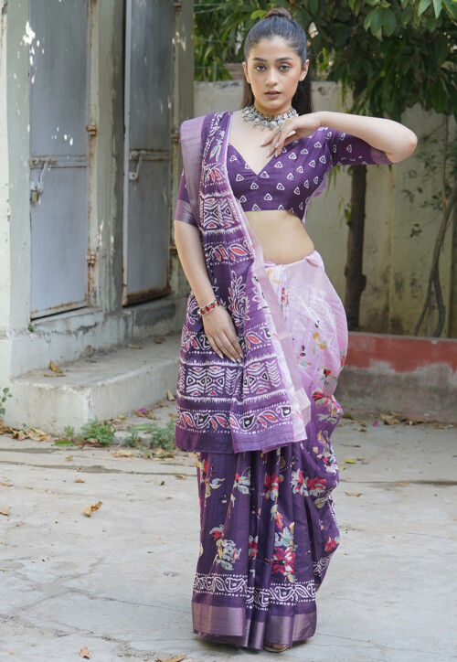 Printed Art Silk Saree in Purple
