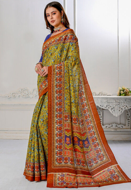 Printed Art Silk Saree in Yellow