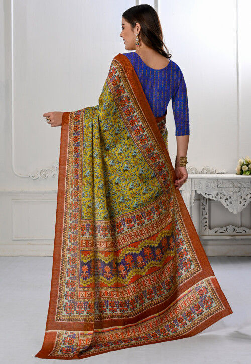 Printed Art Silk Saree in Yellow