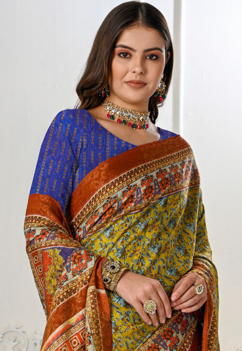 Printed Art Silk Saree in Yellow