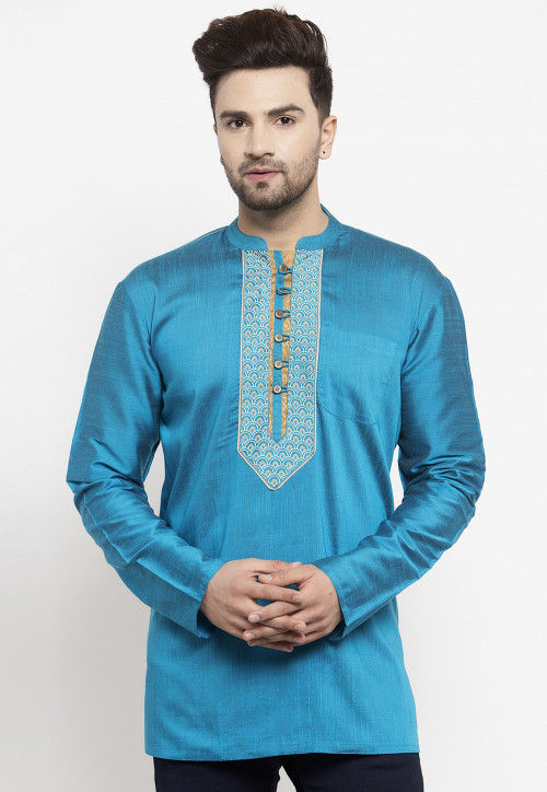 Printed Art Silk Short Kurta in Light Blue