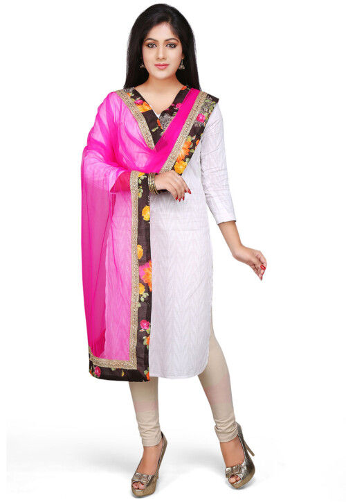 Printed Border Net Dupatta in Fuchsia