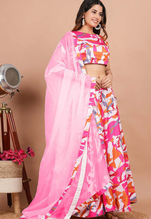 Pink Floral Printed Dupatta with Borders