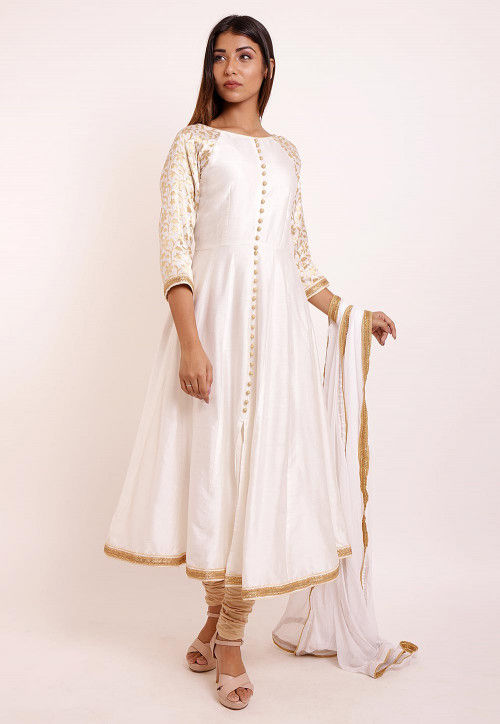 Buy White color Plain Cotton Anarkali Suit Online : Singapore -