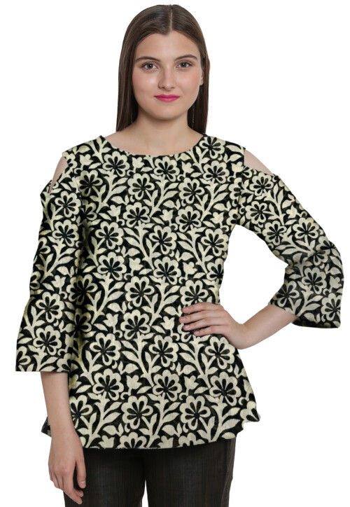 Printed Chanderi Cotton Top in Off White and Black 