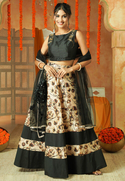 Printed Chanderi Silk Lehenga in Beige and Black