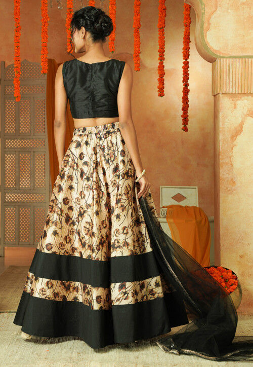 Printed Chanderi Silk Lehenga in Beige and Black
