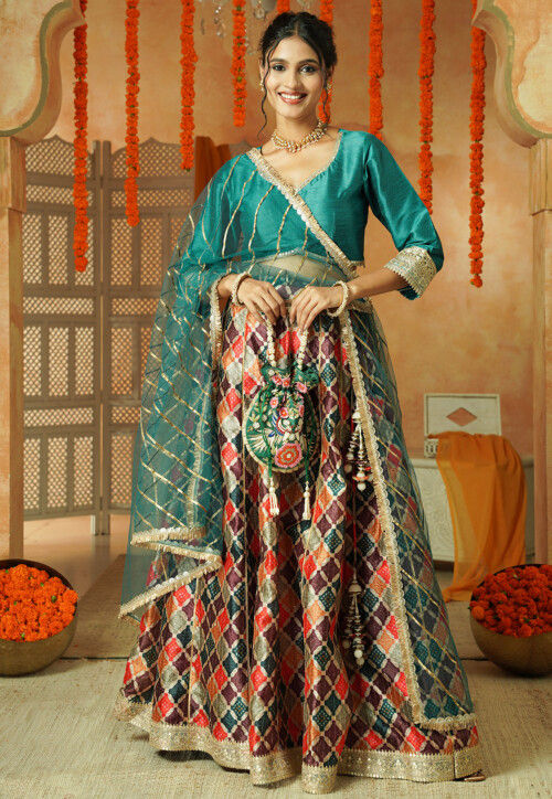 Printed Chanderi Silk Lehenga in Multicolor