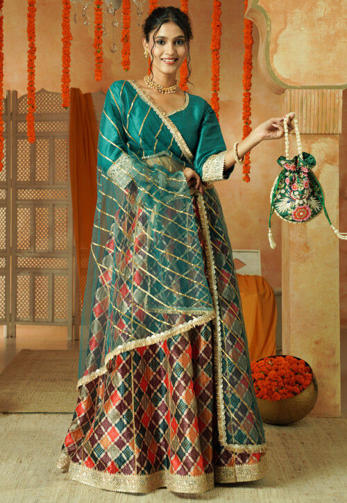 Printed Chanderi Silk Lehenga in Multicolor