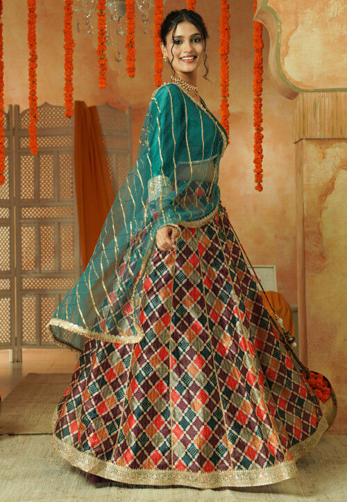 Printed Chanderi Silk Lehenga in Multicolor