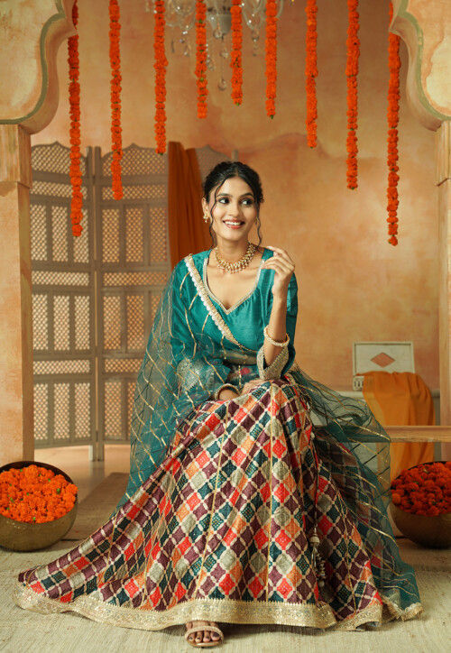Printed Chanderi Silk Lehenga in Multicolor