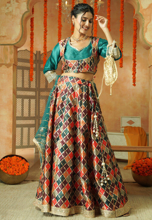 Printed Chanderi Silk Lehenga in Multicolor