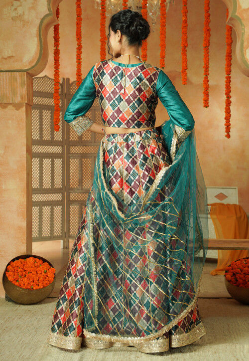 Printed Chanderi Silk Lehenga in Multicolor