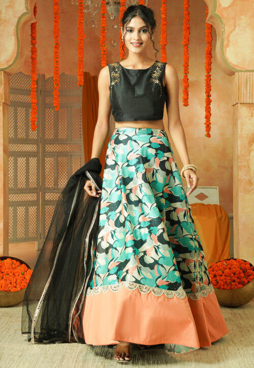 Printed Chanderi Silk Lehenga in Multicolor