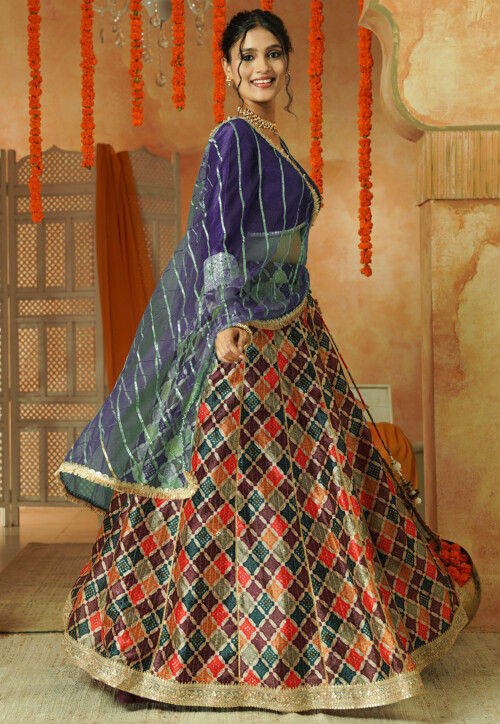 Printed Chanderi Silk Lehenga in Multicolor