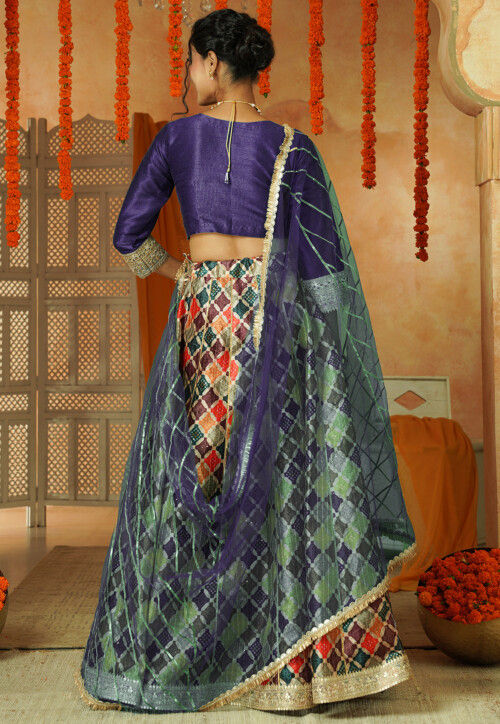 Printed Chanderi Silk Lehenga in Multicolor