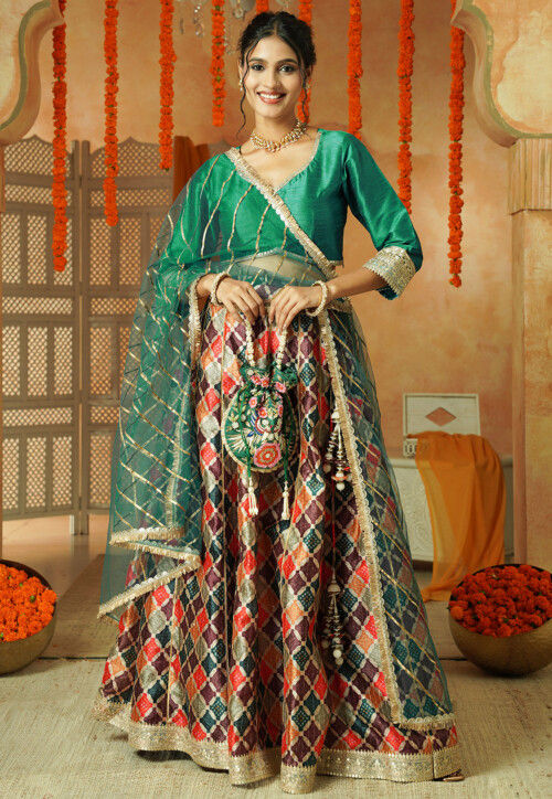 Printed Chanderi Silk Lehenga in Multicolor