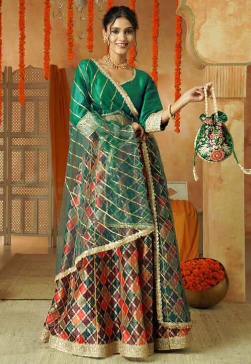 Printed Chanderi Silk Lehenga in Multicolor