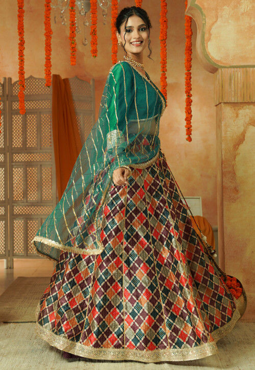 Printed Chanderi Silk Lehenga in Multicolor