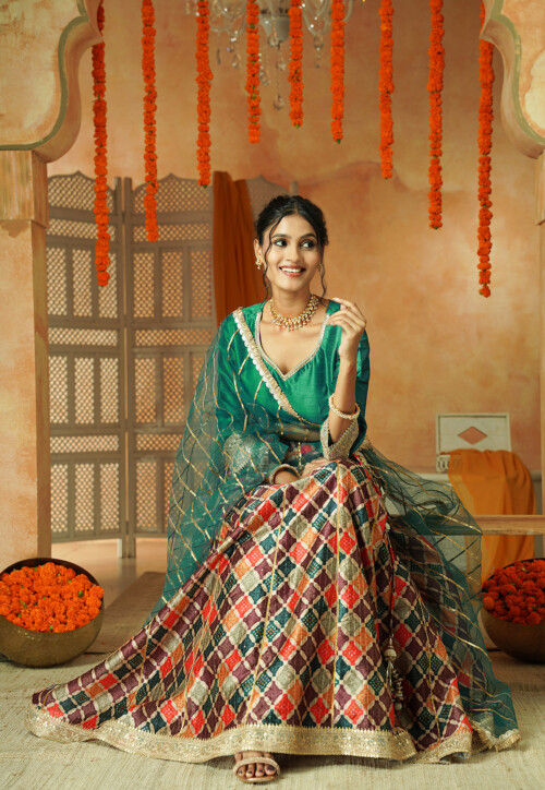 Printed Chanderi Silk Lehenga in Multicolor
