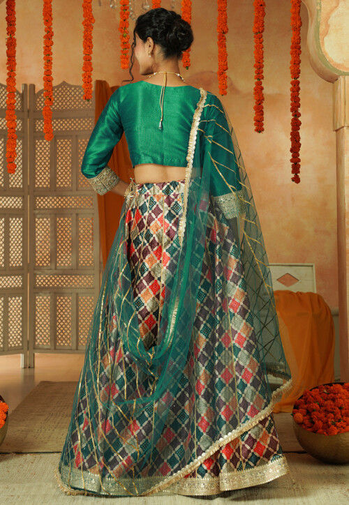 Printed Chanderi Silk Lehenga in Multicolor