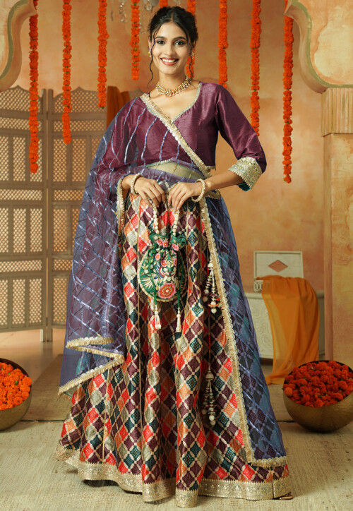 Printed Chanderi Silk Lehenga in Multicolor