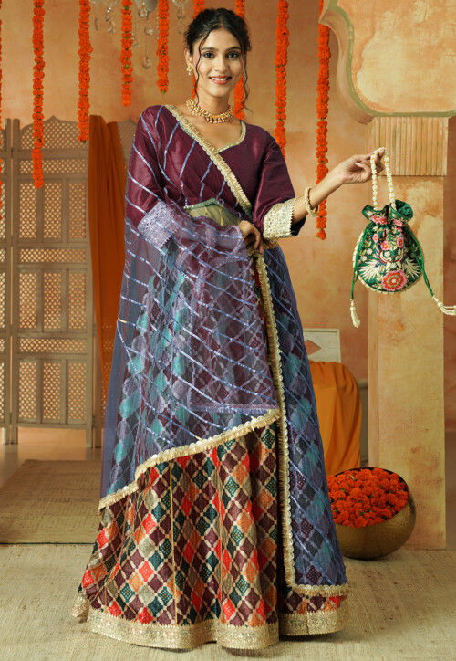 Printed Chanderi Silk Lehenga in Multicolor