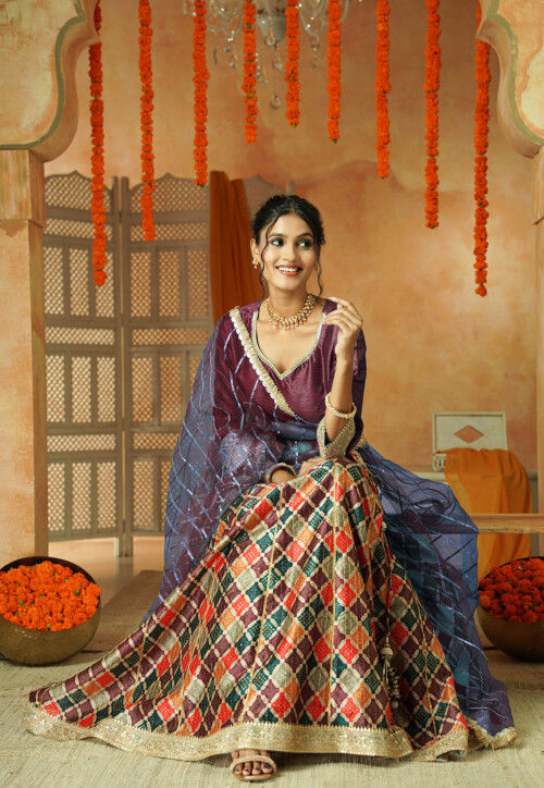 Printed Chanderi Silk Lehenga in Multicolor