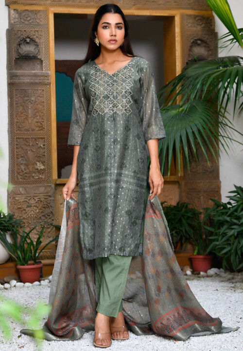 Printed Chanderi Silk Pakistani Suit in Light Olive Green